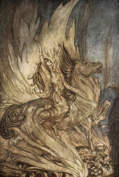 Brunilda en Grane salta a la pira funeraria de Sigfrido, ilustración de 