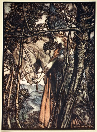Brunnhilde lentamente y en silencio lleva su caballo por el camino hacia la cueva de Arthur Rackham
