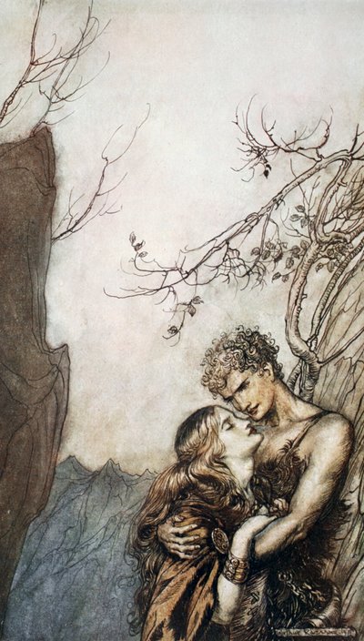 Brunnhilde se arroja en los brazos de Siegfried, 1924 de Arthur Rackham