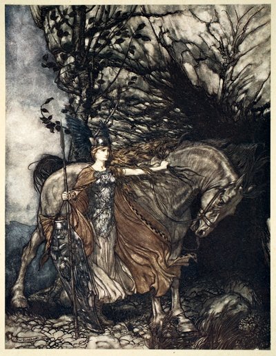 Brunilda con su caballo en la boca de la cueva, 1910 de Arthur Rackham