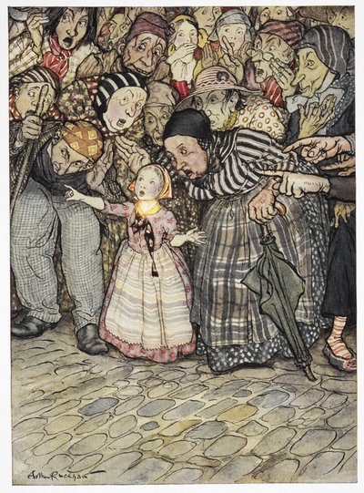"Pero si no lleva nada puesto", dijo un niño pequeño. Ilustración en color del cuento "El traje nuevo del emperador". de Arthur Rackham