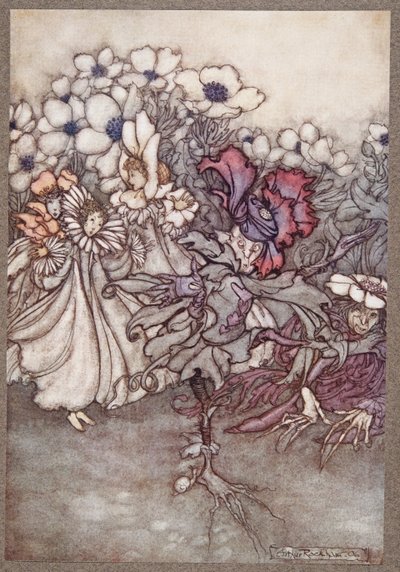 Pero si miras, y temen que no haya tiempo para esconderse, se quedan quietos fingiendo ser flores, de Peter Pan en los Jardines de Kensington de J M Barrie, pub. 1906 de Arthur Rackham