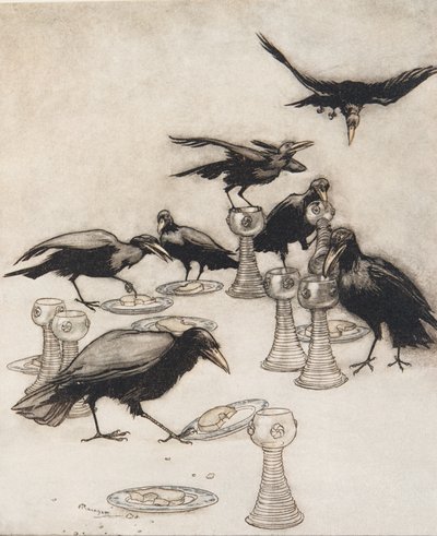 Pero dijeron uno tras otro ¡Hola! ¿Quién ha estado comiendo de mi plato? ¿Quién ha estado bebiendo de mi taza?, de Los cuentos de hadas de los hermanos Grimm, pub. 1909 de Arthur Rackham