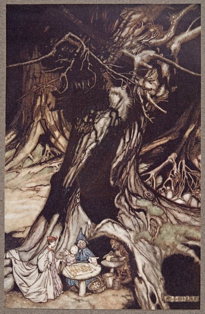 La mantequilla se obtiene de las raíces de los árboles viejos, de Peter Pan en los Jardines de Kensington por J M Barrie (1860 - 1937), pub. 1906 de Arthur Rackham