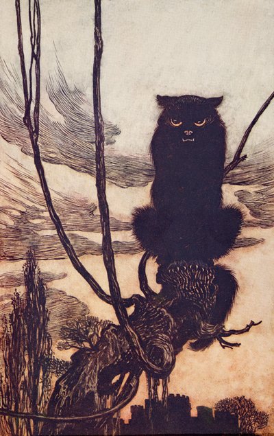 Durante el día se convertía en un gato, de Los cuentos de hadas de los hermanos Grimm, pub. 1909 de Arthur Rackham