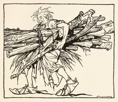 Carl construyendo un refugio para la noche de El Carl del abrigo drab en Cuentos de hadas irlandeses de Arthur Rackham