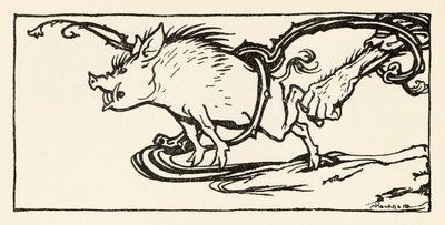 Carl atrapando un jabalí para su cena de El Carl del abrigo drab en Cuentos de hadas irlandeses de Arthur Rackham