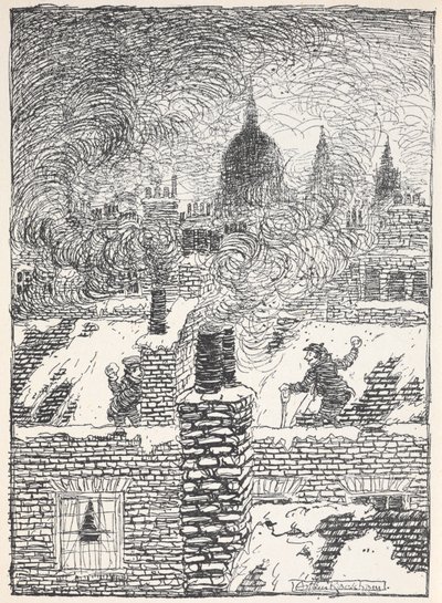 Niños jugando en tejados nevados por la noche, con la cúpula de San Pablo a lo lejos. de Arthur Rackham