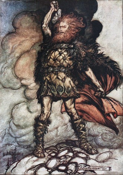 Donner, tu señor, convoca a sus huestes! Ilustración para El oro del Rin y La Valquiria de Richard W de Arthur Rackham