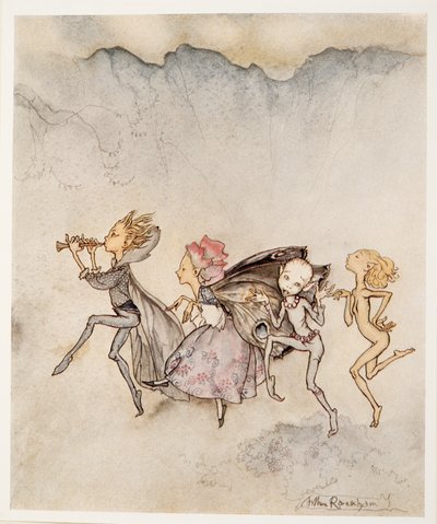 Cada uno, saltando en la punta de su pie, estará aquí con mopa y mueca, ilustración de La Tempestad de William Shakespeare, pub. 1926 de Arthur Rackham