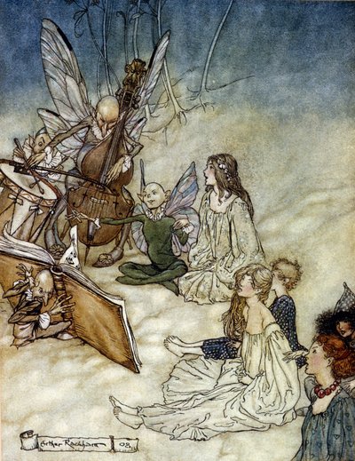 Duendes tocando música. Ilustración de Arthur Rackham para El sueño de una noche de verano de William Shakespeare de Arthur Rackham