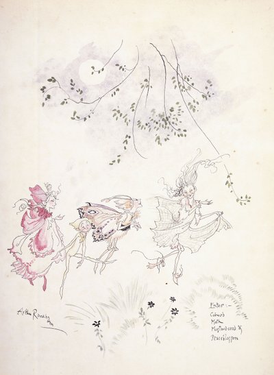 Entran: Cobweb, Moth, Mustardseed y Peaseblossom. Ilustración para "El sueño de una noche de verano" de Shakespeare, c.1908 de Arthur Rackham