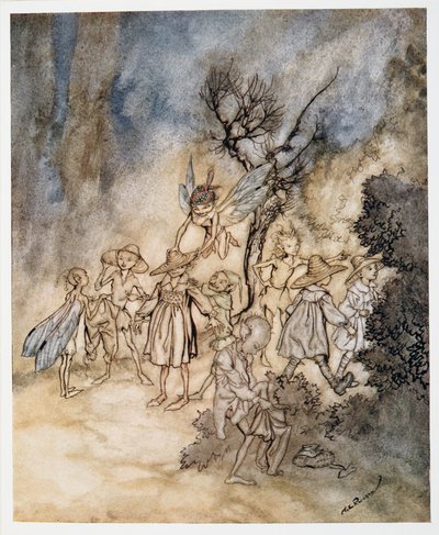 Entran ciertos segadores, adecuadamente vestidos, ilustración de La Tempestad de William Shakespeare, pub. 1926 de Arthur Rackham