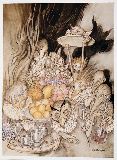 Entran varias formas extrañas, trayendo un banquete ?.invitando al Rey, etc. a comer, ilustración de La Tempestad de William Shakespeare, pub. 1926 de Arthur Rackham