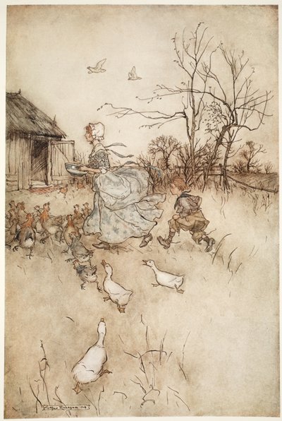 Equipado con un par de pantalones viejos de su padre que tenía que sostener tanto como una dama fina sostiene su tren en mal tiempo., de Rip Van Winkle por Washington Irving, pub. 1910 de Arthur Rackham