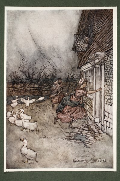 Hasta el día de hoy nunca oyen una tormenta sobre los Kaatskill sin decir que Hendrick Hudson y su tripulación están jugando a los bolos., de Rip Van Winkle por Washington Irving, pub. 1910 de Arthur Rackham