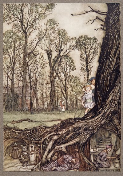 Las hadas están más o menos escondidas hasta el anochecer, de Peter Pan en los Jardines de Kensington de J M Barrie, pub. 1906 de Arthur Rackham