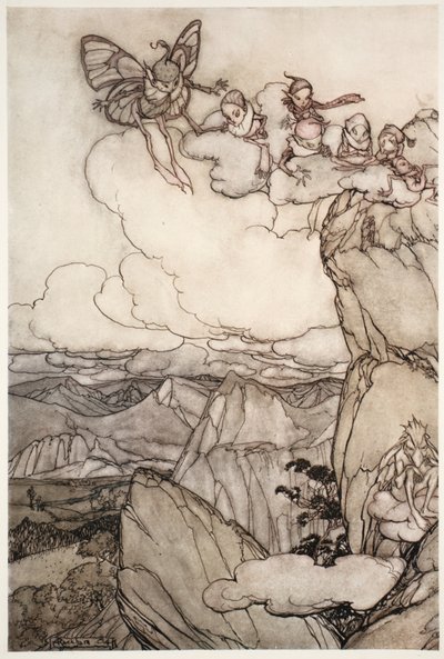 Hadas en las montañas., de Rip Van Winkle por Washington Irving, pub. 1910 de Arthur Rackham