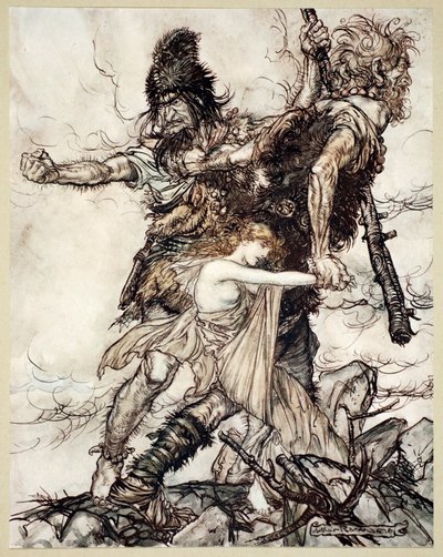 Fasolt de repente agarra a Freia y la arrastra a un lado con Fafner, 1910 de Arthur Rackham