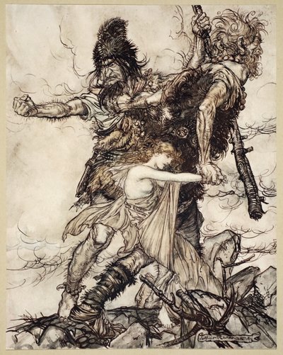 Fasolt de repente agarra a Freia y la arrastra a un lado con Fafner, ilustración de 