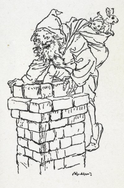 Papá Noel bajando por una chimenea con un saco de regalos de Arthur Rackham