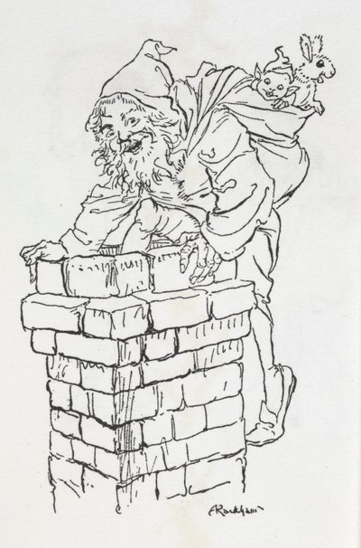 Papá Noel subiendo a una chimenea con regalos de Arthur Rackham