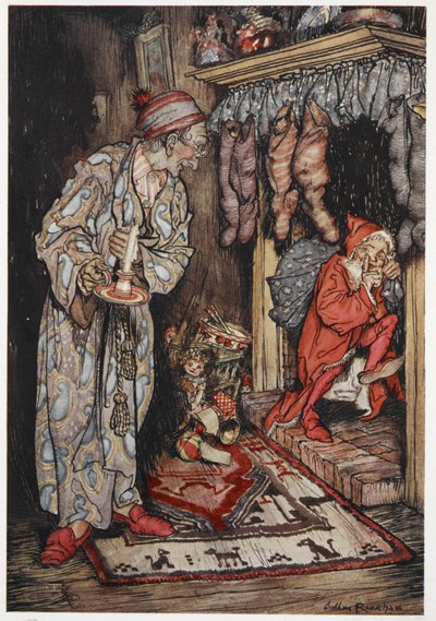 Papá Noel repartiendo regalos en Nochebuena de Arthur Rackham