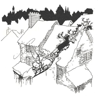 Papá Noel en su trineo sobrevolando tejados nevados de Arthur Rackham