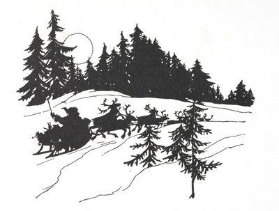 Papá Noel recorriendo un bosque nevado en su trineo de Arthur Rackham