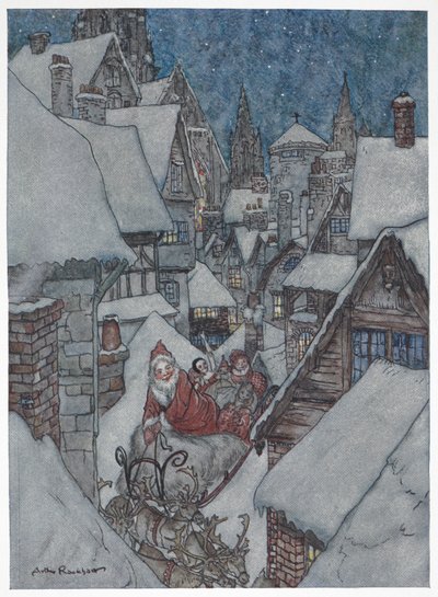Papá Noel recorriendo las calles nevadas en su trineo de Arthur Rackham