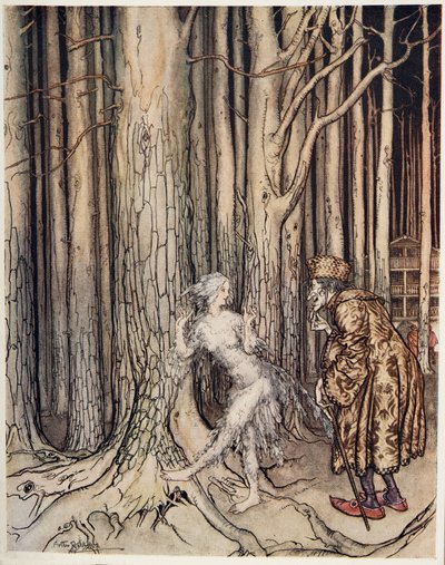 El pájaro de Fitcher, de Hermanito y hermanita y otros cuentos de los hermanos Grimm, pub. 1917 de Arthur Rackham