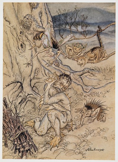 Por cada nimiedad me atacan, ilustración de La Tempestad de William Shakespeare, pub. 1926 de Arthur Rackham