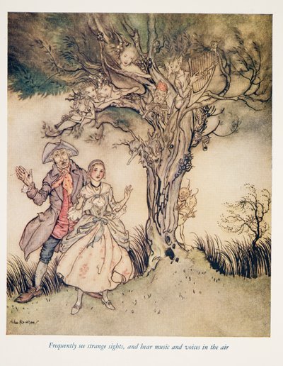 Frecuentemente ven extrañas visiones y oyen música y voces en el aire, de La leyenda de Sleepy Hollow de Washington Irving (1783 - 1859), pub. 1928 de Arthur Rackham