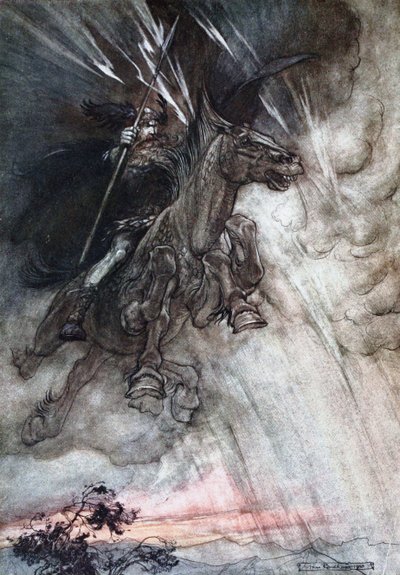 Furiosamente Wotan cabalga hacia la roca. Ilustración para El oro del Rin y La valquiria de Richard de Arthur Rackham