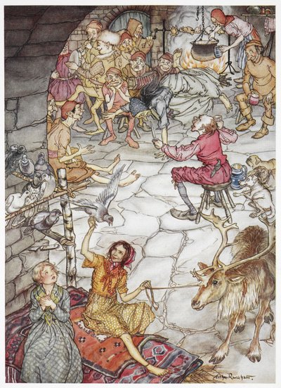 "Gerda y la niña ladrona en el castillo de los ladrones". Dos niñas sentadas en una cama, una de ellas sujetando una cuerda a la que está atado un reno. Sobre ellas se posan palomas torcaces. Un grupo de hombres, ladrones, están sentados alrededor de una h de Arthur Rackham