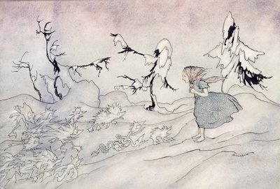 Gerda está aterrorizada por la guardia avanzada de la Reina de las Nieves, pero dijo Nuestro Padre y es rescatada por pequeños ángeles brillantes, ilustración de La Reina de las Nieves de Hans Christian Andersen, publicada en 1932 de Arthur Rackham
