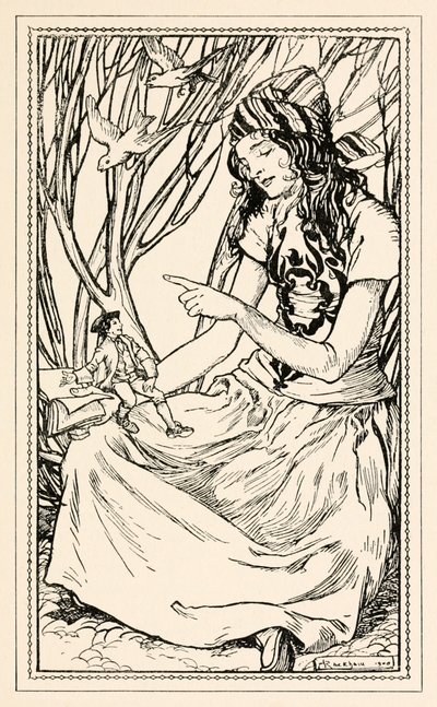 Glumdalclitch enseña a Gulliver a leer, de la Parte II: Un viaje a Brobdingnag en Los viajes de Gulliver de Jonathan Swift de Arthur Rackham