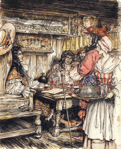 Ve y mira en una de las cafeterías en King Street en Westminster, ilustración de El Pescador Completo de Isaac Walton, 1931 de Arthur Rackham