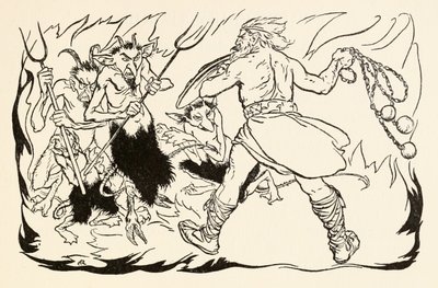 Goll mac Morna asaltando el infierno para rescatar a Fionn y los Fianna-Finn de La pequeña pelea en Allen en Cuentos de hadas irlandeses de Arthur Rackham