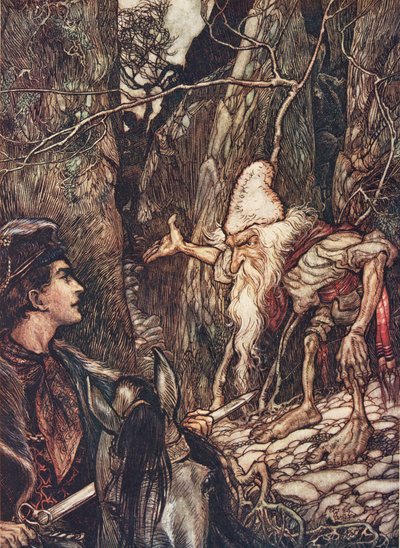 Buen enano, ¿no puedes decirme dónde están mis hermanos? de Los cuentos de hadas de los hermanos Grimm, pub. 1909 de Arthur Rackham