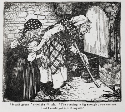 Grethel y la vieja bruja junto al horno de Hansel y Grethel. de Arthur Rackham