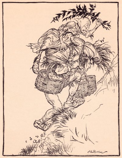 Gimiendo continuamente, subió a la montaña. Ilustración de Arthur Rackham del cuento de Grimm La gansa en el pozo. de Arthur Rackham