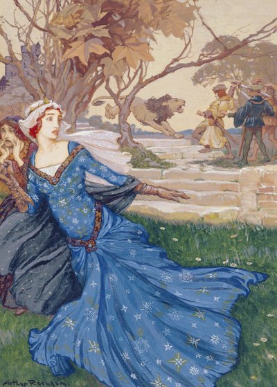 Guinevere rescatada por La Cote Male Taile, ilustración de Una colección de cuentos de hadas antiguos: Grimm, Andersen y cuentos del Rey Arturo, publicada en 1905 de Arthur Rackham