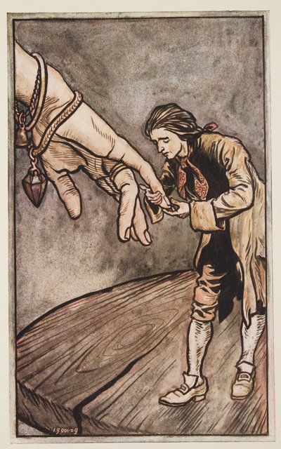 Gulliver besa la mano de la Reina de Brobdingnag, de Los viajes de Gulliver de Jonathan Swift (1667 - 1745), pub. 1909 de Arthur Rackham
