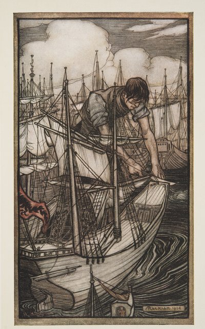 Gulliver captura la flota enemiga, de Los viajes de Gulliver por Jonathon Swift (1667 - 1745), pub. 1909 de Arthur Rackham