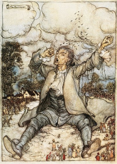 Gulliver despertando en Liliput, Ilustración de Los viajes de Gulliver de Jonathan Swift, por Arthur Rackham de Arthur Rackham