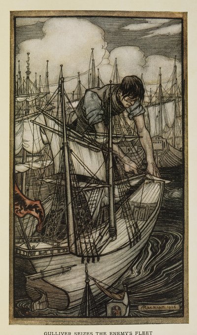 Gulliver captura la flota enemiga, Ilustración de Los viajes de Gulliver de Jonathan Swift, por Arthur Rackham. de Arthur Rackham