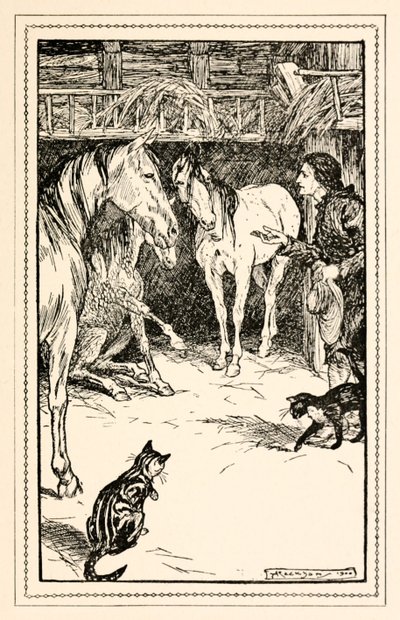 Gulliver tiene el honor de ser interrogado por los invitados de sus amos, de la Parte IV: Un viaje al país de los Houyhnhnms en Los viajes de Gulliver de Jonathan Swift de Arthur Rackham
