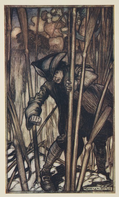 Gulliver se asusta al ver por primera vez a los segadores brobdingnagianos, de Los viajes de Gulliver de Jonathan Swift (1667 - 1745), pub. 1909 (litografía a color) de Arthur Rackham