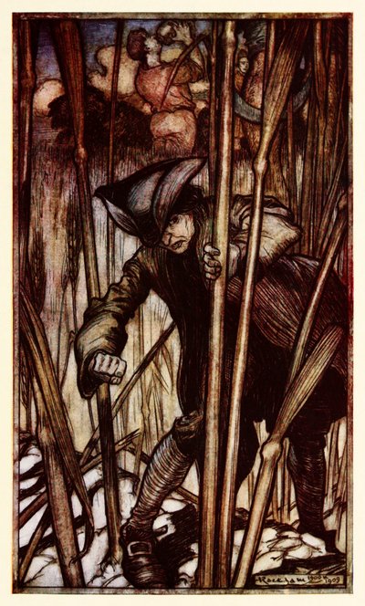 Gulliver se asusta al ver por primera vez a los segadores brobdingnagianos, de la Parte II: Un viaje a Brobdingnag en Los viajes de Gulliver de Jonathan Swift de Arthur Rackham